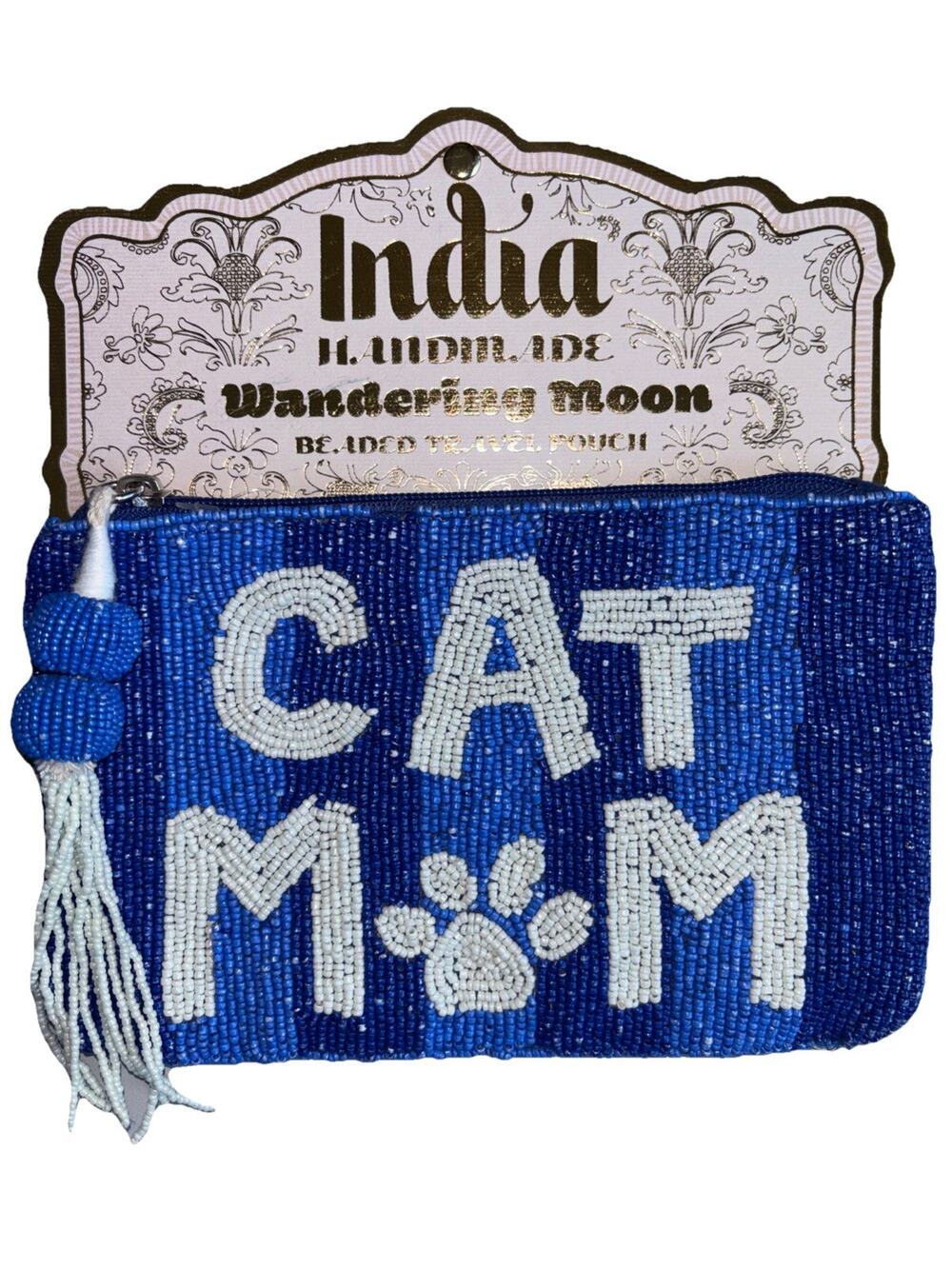 Viral Beaded Cat Mom Blue Travel Pouch Zip Tassel Handmade India Wandering Moon